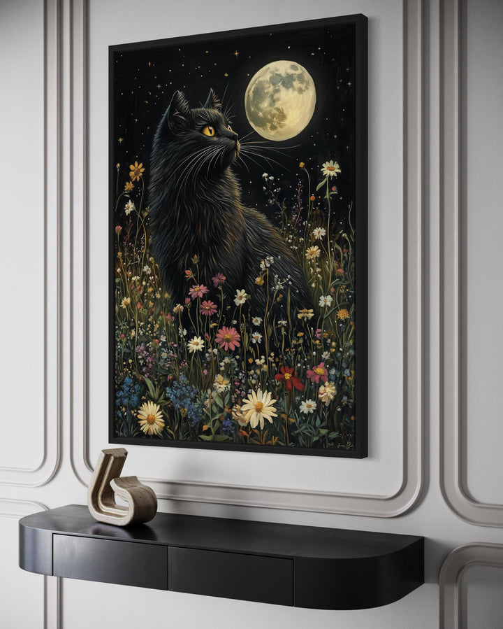 Gothic Black Cat In Meadow Under Full Moon Wall Art