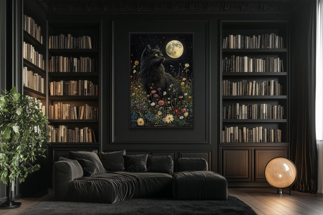 Gothic Black Cat In Meadow Under Full Moon Wall Art