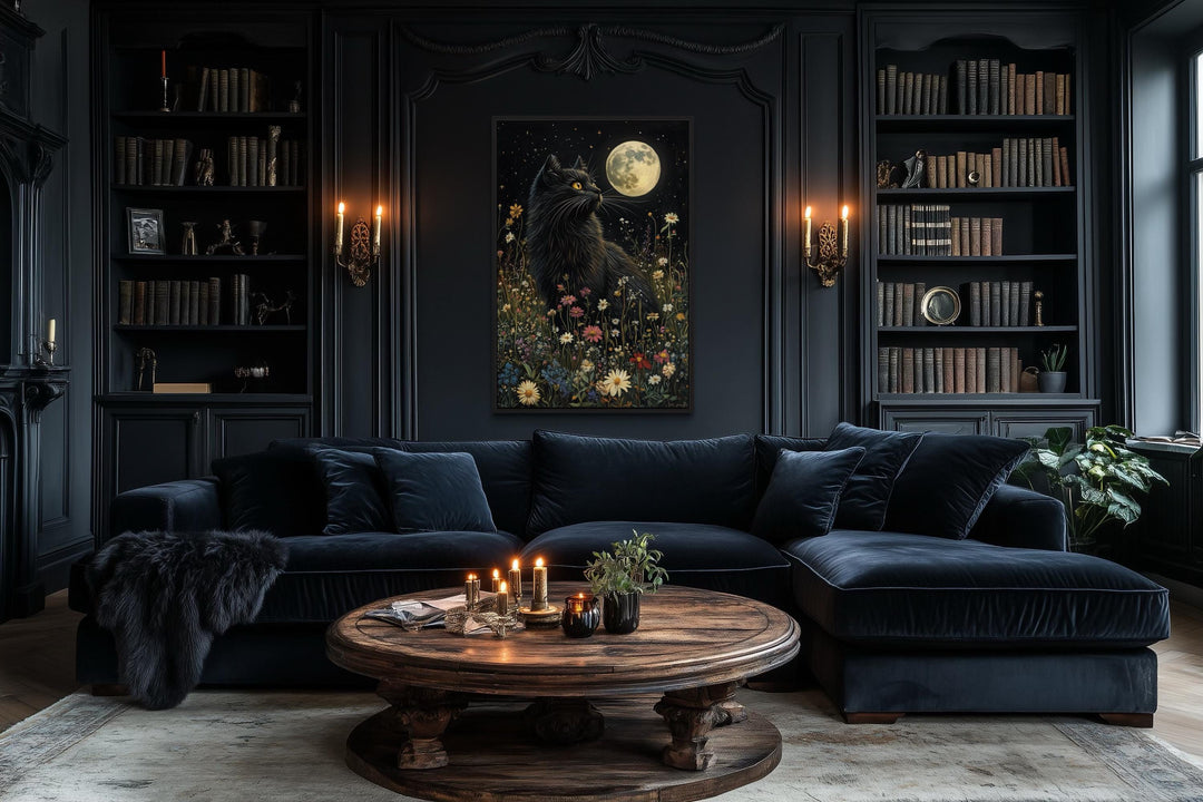 Gothic Black Cat In Meadow Under Full Moon Wall Art