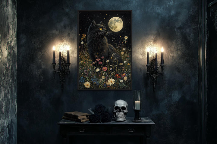 Gothic Black Cat In Meadow Under Full Moon Wall Art