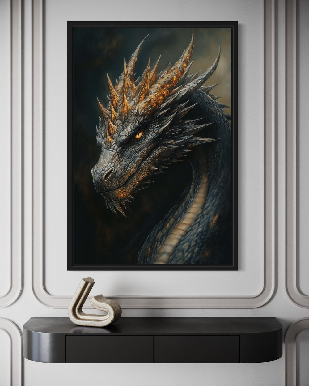 Gothic Black Dragon Framed Canvas Wall Art