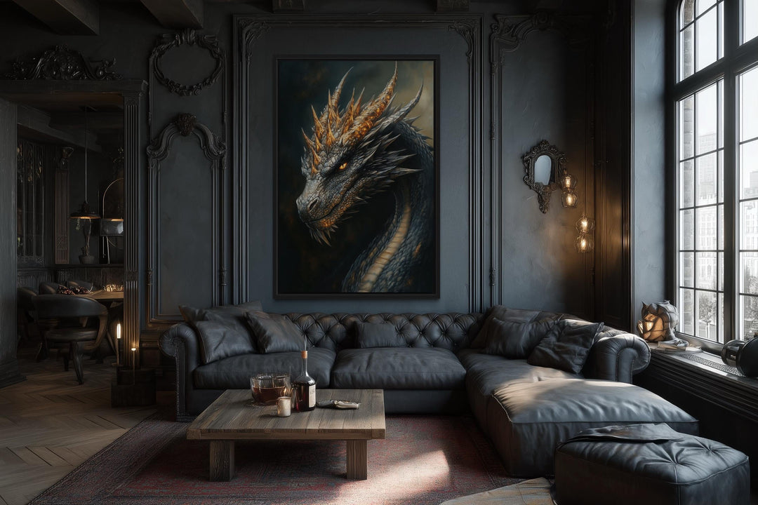 Gothic Black Dragon Framed Canvas Wall Art