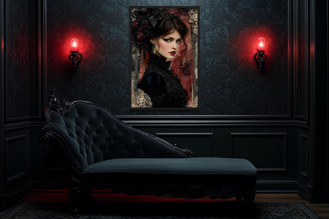 Gothic Black Widow Canvas Wall Art Dark Victorian Woman Portrait for Moody Romantic Decor