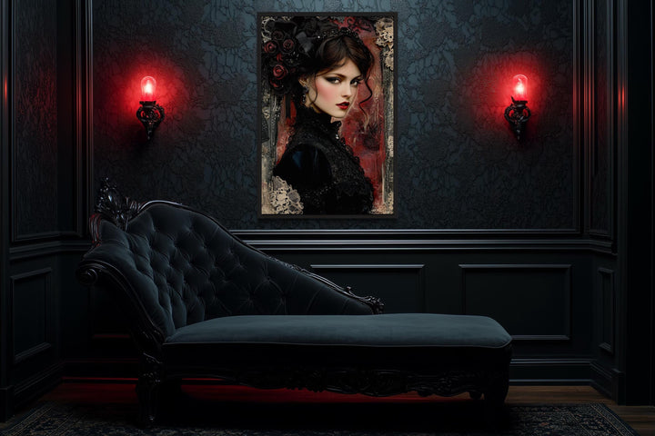 Gothic Black Widow Canvas Wall Art Dark Victorian Woman Portrait for Moody Romantic Decor