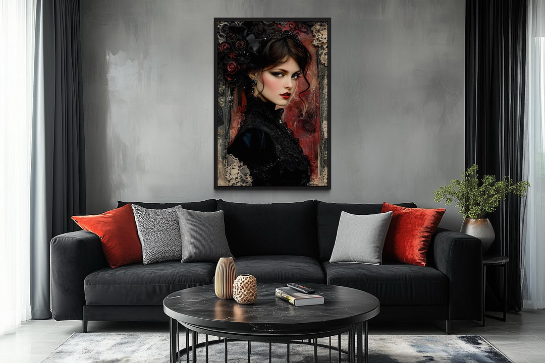 Gothic Black Widow Canvas Wall Art Dark Victorian Woman Portrait for Moody Romantic Decor
