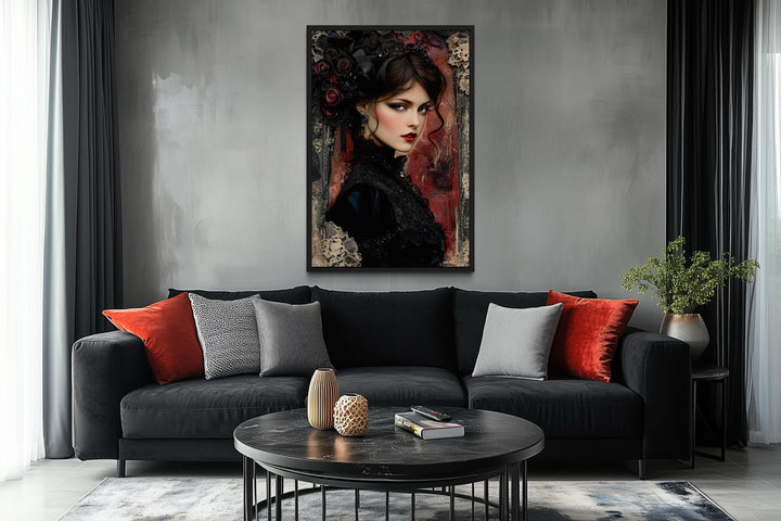 Gothic Black Widow Canvas Wall Art Dark Victorian Woman Portrait for Moody Romantic Decor