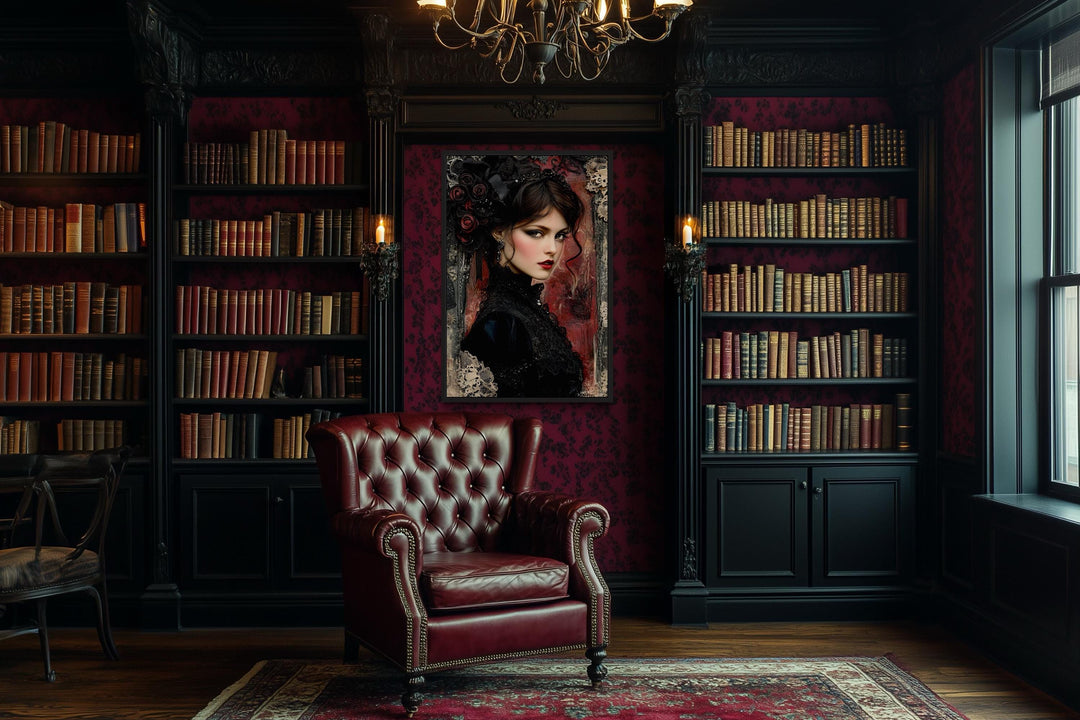 Gothic Black Widow Canvas Wall Art Dark Victorian Woman Portrait for Moody Romantic Decor