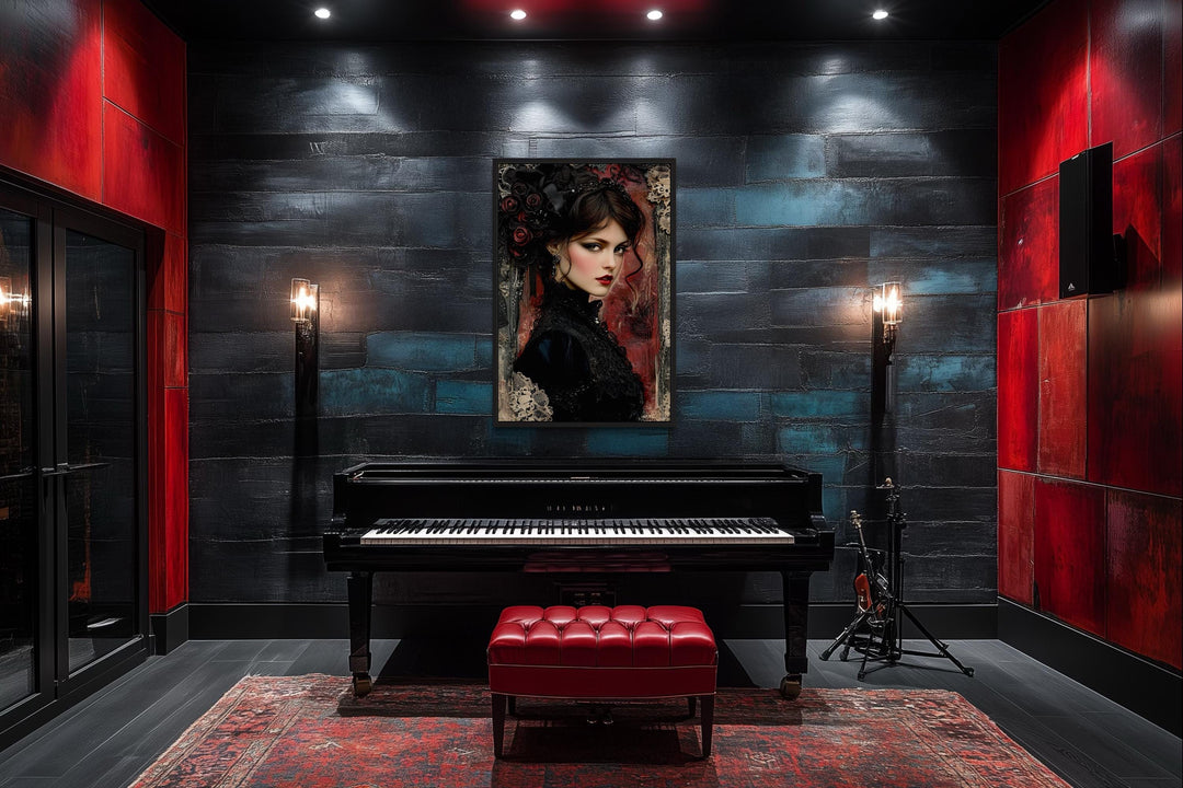 Gothic Black Widow Canvas Wall Art Dark Victorian Woman Portrait for Moody Romantic Decor
