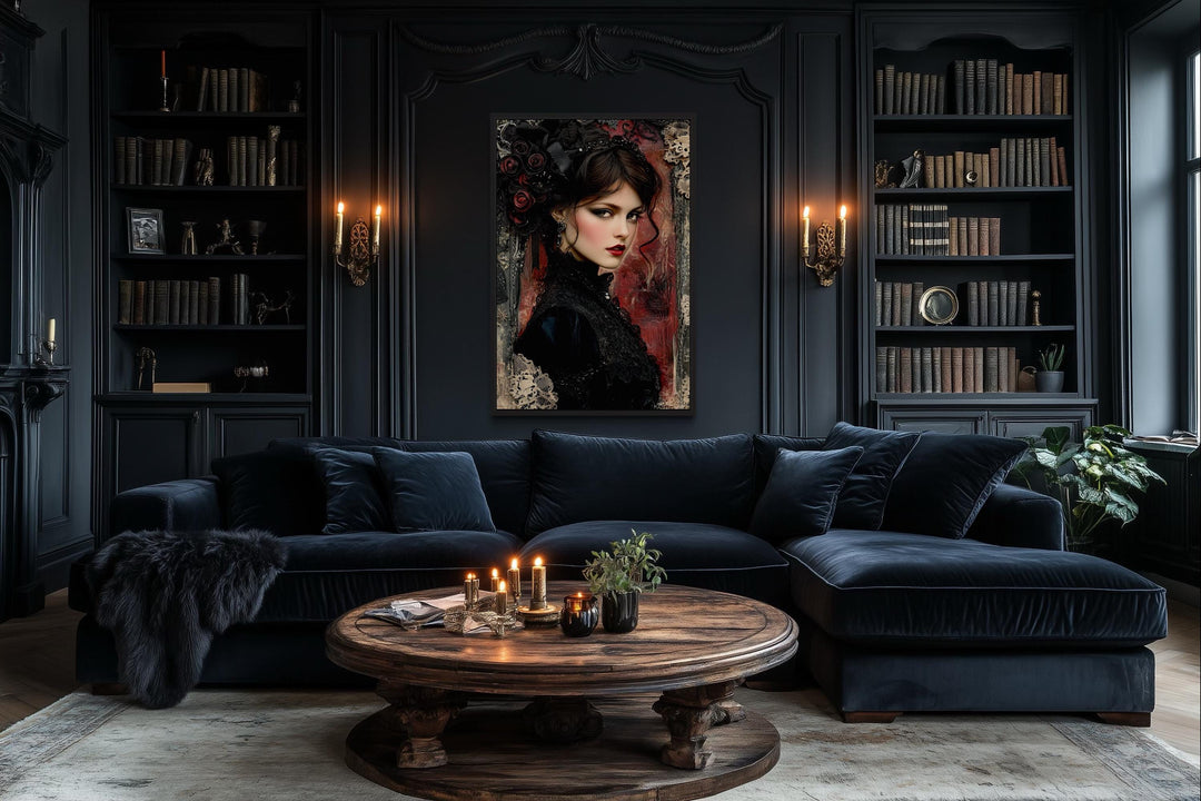 Gothic Black Widow Canvas Wall Art Dark Victorian Woman Portrait for Moody Romantic Decor