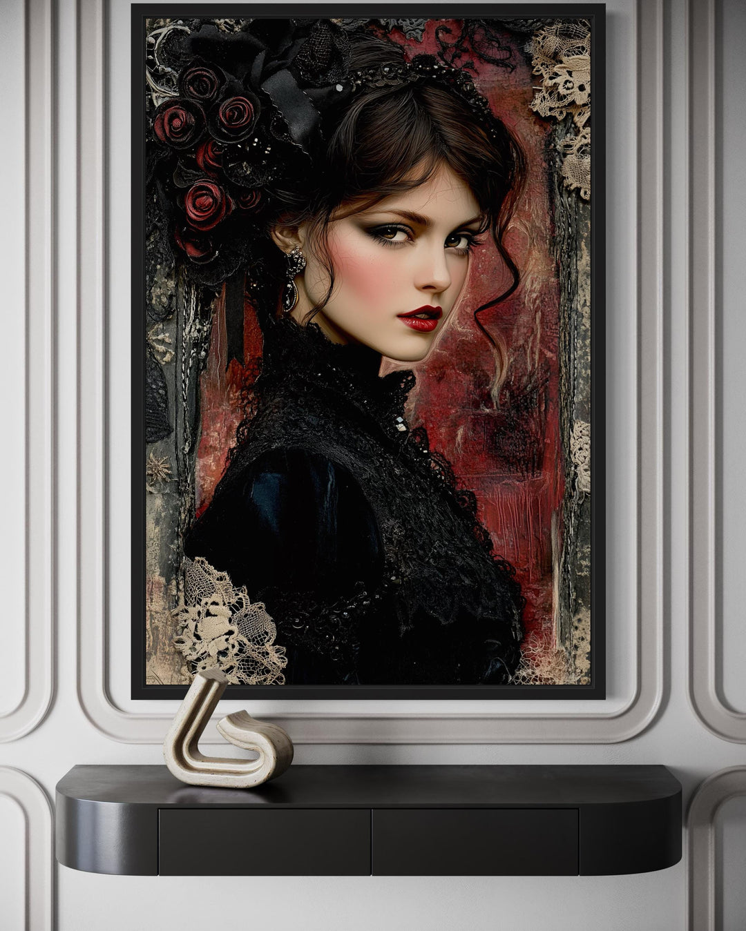Gothic Black Widow Canvas Wall Art Dark Victorian Woman Portrait for Moody Romantic Decor