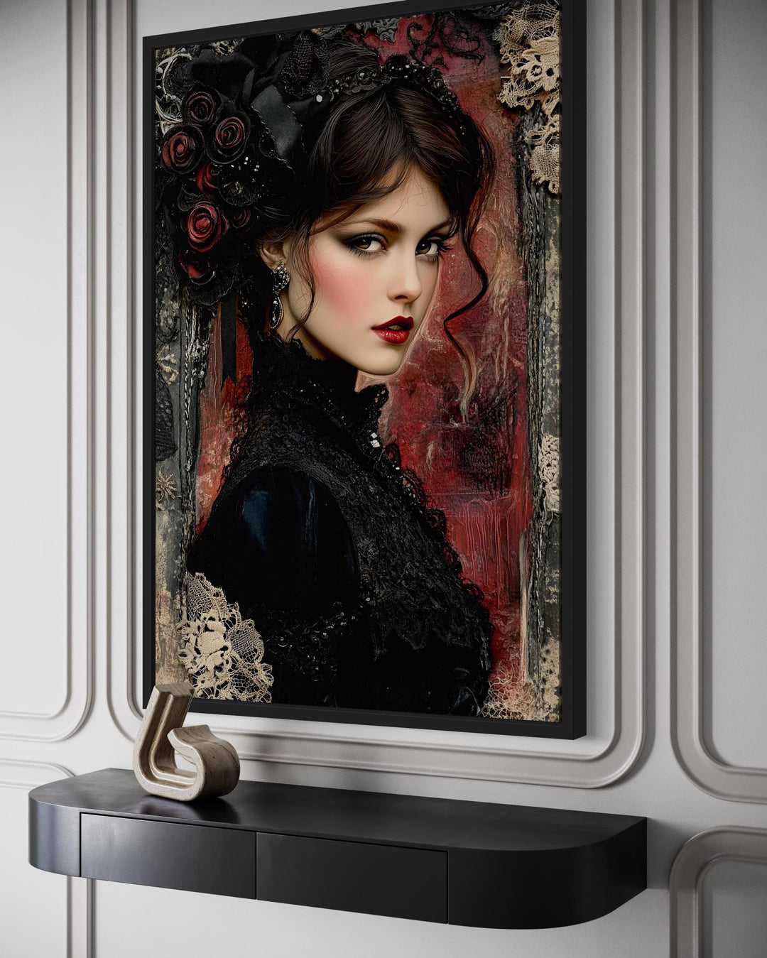Gothic Black Widow Canvas Wall Art Dark Victorian Woman Portrait for Moody Romantic Decor