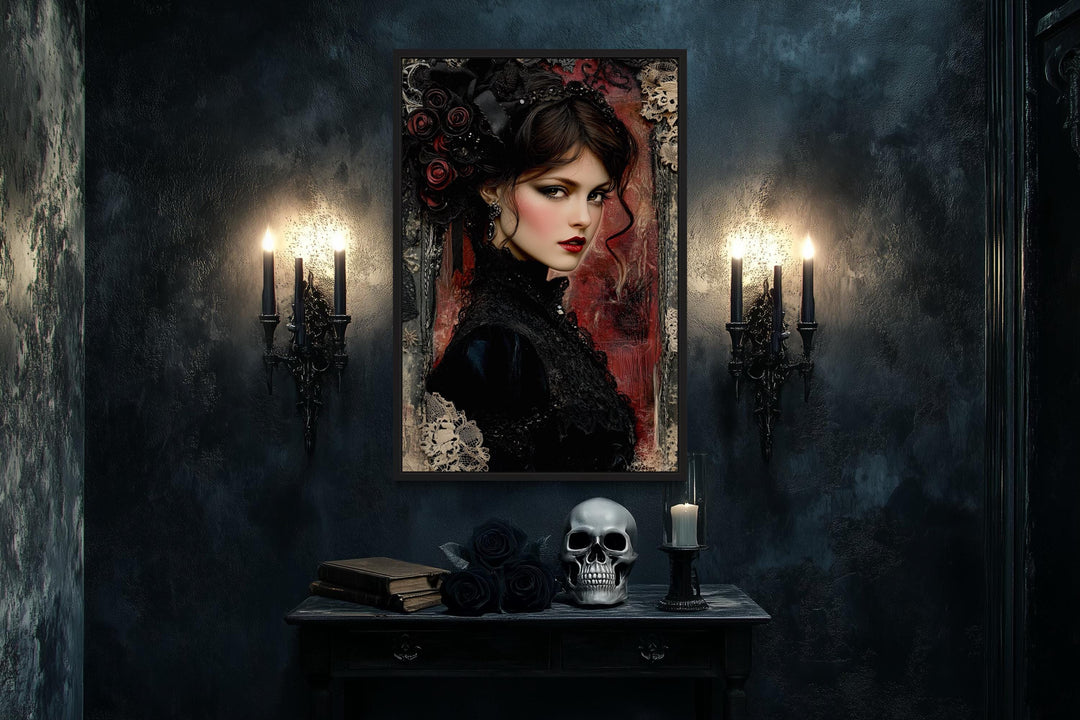 Gothic Black Widow Canvas Wall Art Dark Victorian Woman Portrait for Moody Romantic Decor