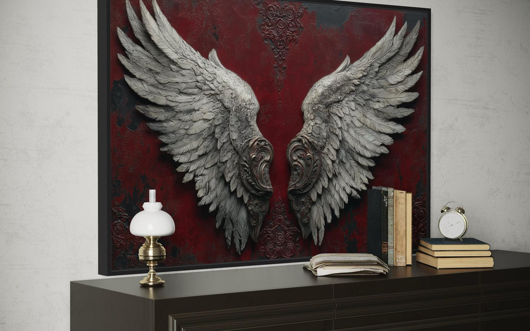 Gothic Dark Wine Red Grey Baroque Angel Wings Canvas Wall Art