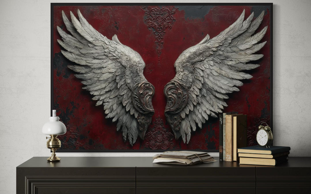 Gothic Dark Wine Red Grey Baroque Angel Wings Canvas Wall Art