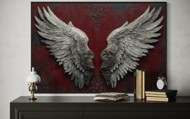 Gothic Dark Wine Red Grey Baroque Angel Wings Canvas Wall Art