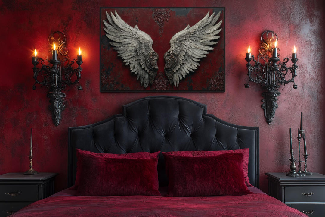 Gothic Dark Wine Red Grey Baroque Angel Wings Canvas Wall Art