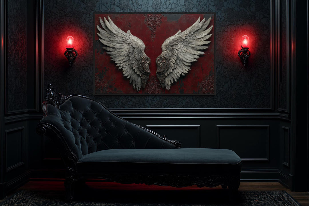 Gothic Dark Wine Red Grey Baroque Angel Wings Canvas Wall Art