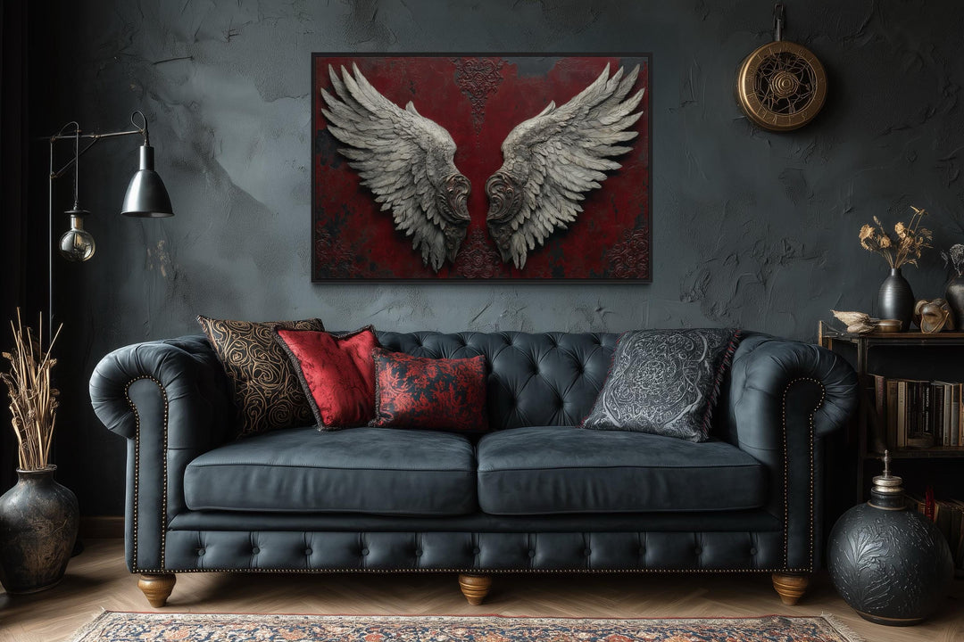 Gothic Dark Wine Red Grey Baroque Angel Wings Canvas Wall Art