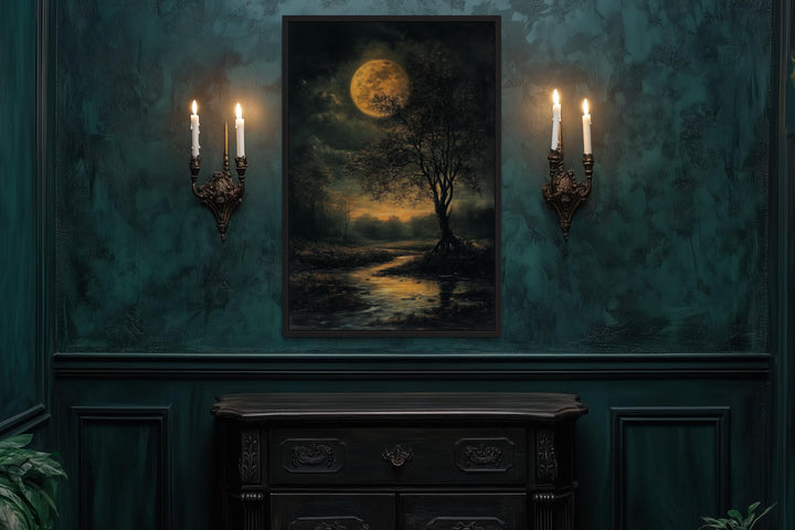 Gothic Full Moon Over Forest – Spooky Tree and Reflecting Water Landscape Halloween Wall Art