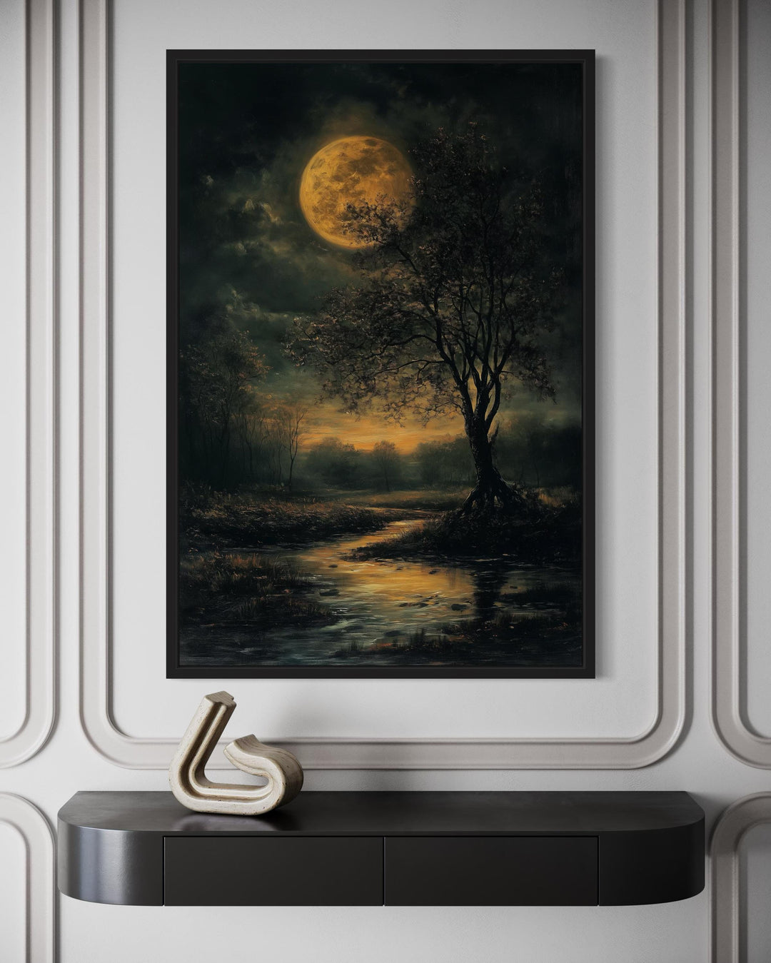 Gothic Full Moon Over Forest – Spooky Tree and Reflecting Water Landscape Halloween Wall Art