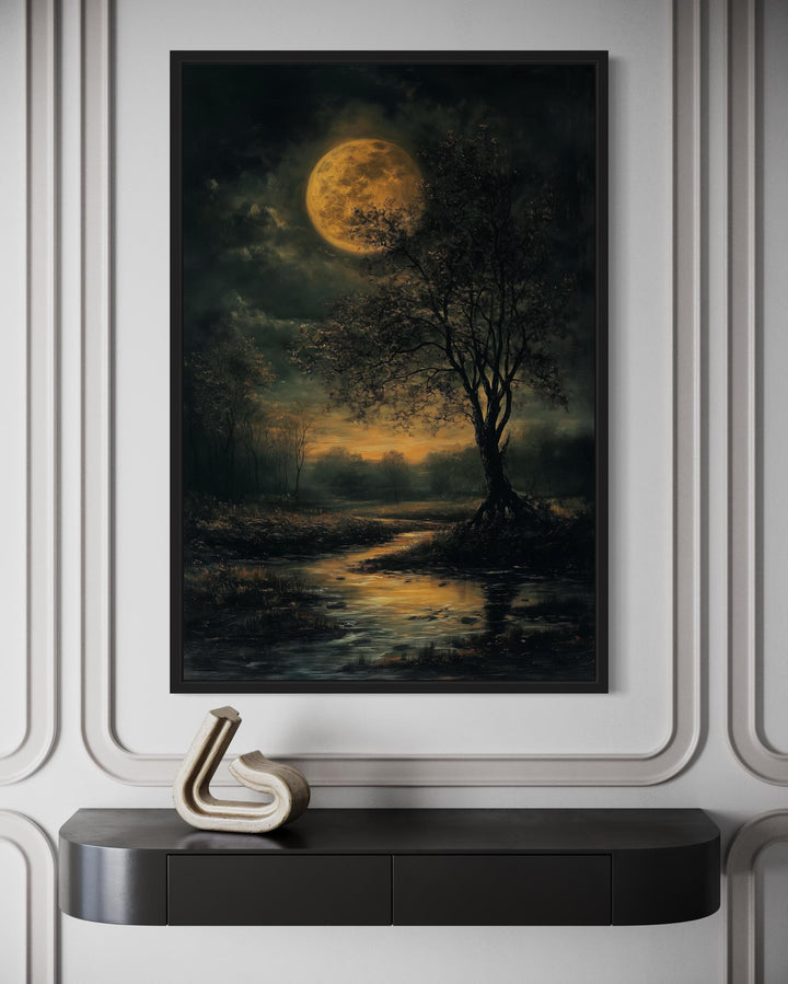 Gothic Full Moon Over Forest – Spooky Tree and Reflecting Water Landscape Halloween Wall Art