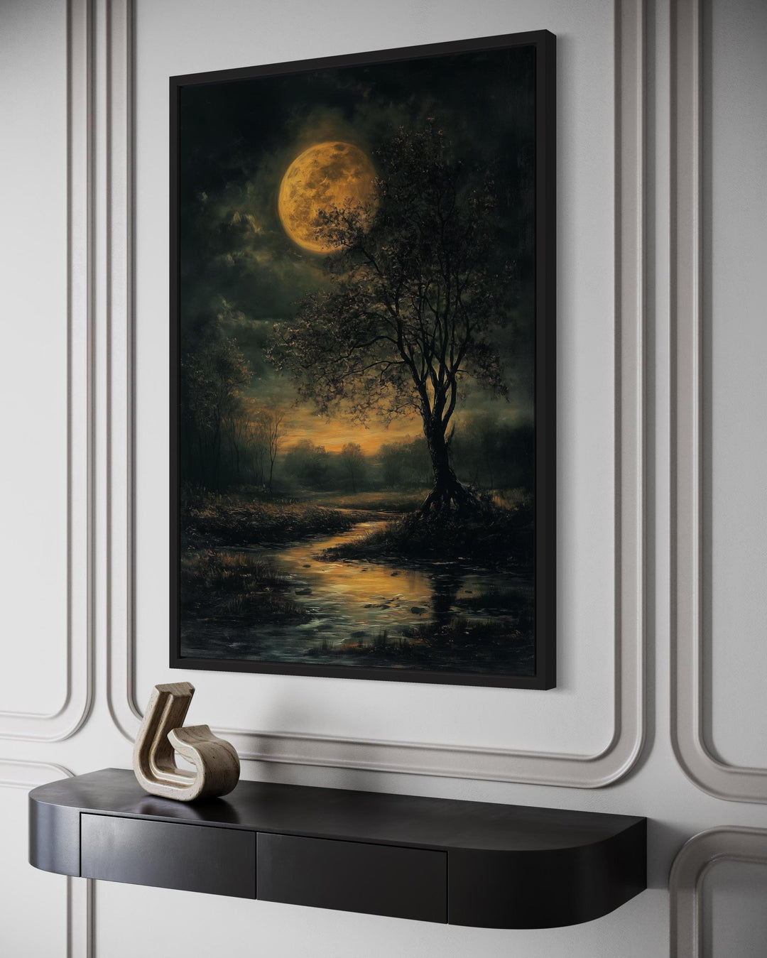 Gothic Full Moon Over Forest – Spooky Tree and Reflecting Water Landscape Halloween Wall Art