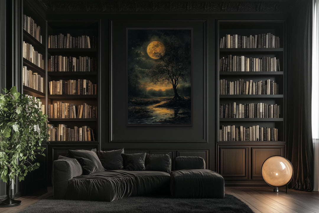 Gothic Full Moon Over Forest – Spooky Tree and Reflecting Water Landscape Halloween Wall Art