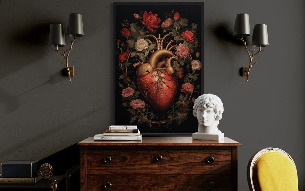 Gothic Human Heart And Flowers Dark Academia Framed Canvas Wall Art