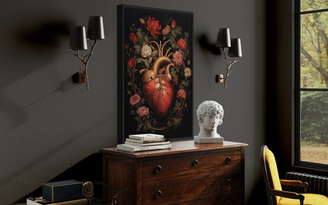 Gothic Human Heart And Flowers Dark Academia Framed Canvas Wall Art