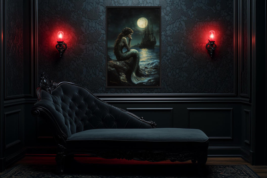 Gothic Mermaid - Dark Ocean Fantasy with Full Moon and Pirate Ship Wall Art