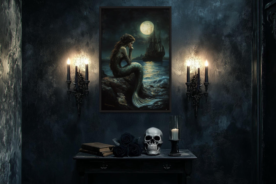 Gothic Mermaid - Dark Ocean Fantasy with Full Moon and Pirate Ship Wall Art