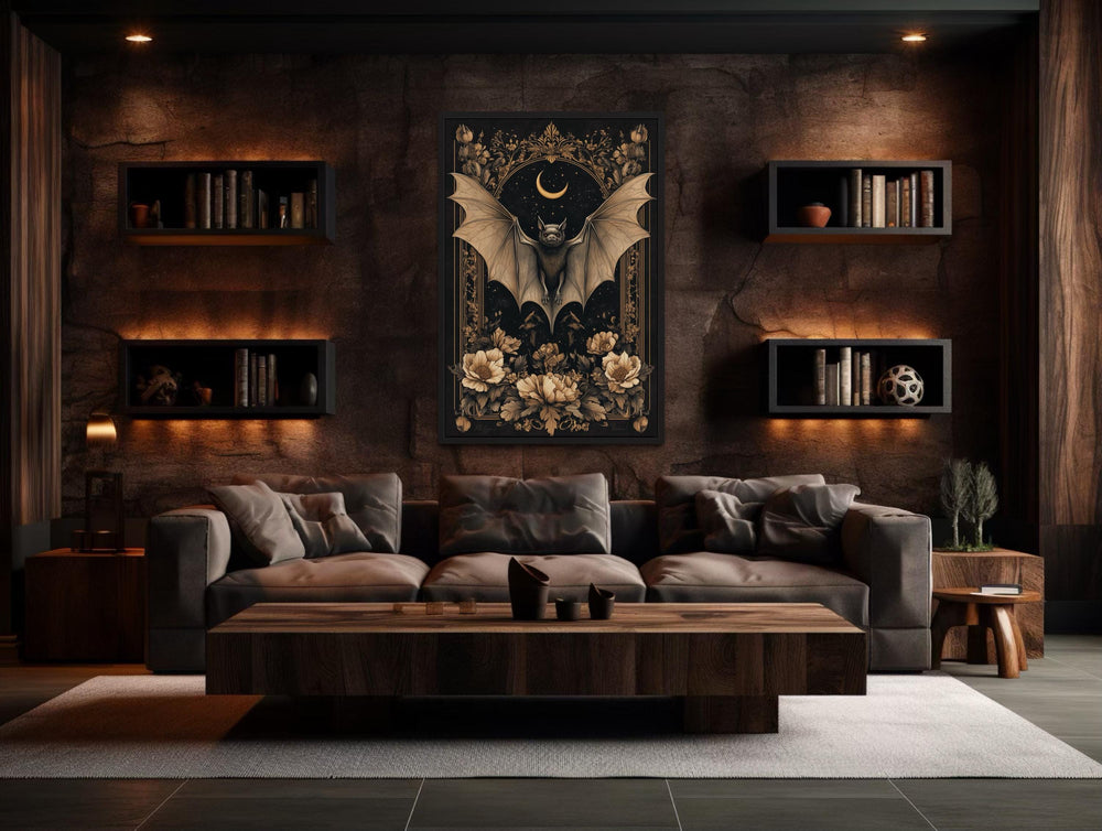 Gothic Moonlit Bat And Flowers Dark Academia Canvas Wall Art