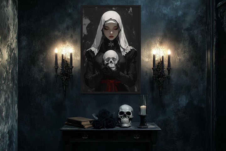 Gothic Nun With Skull Horror Canvas Wall Decor