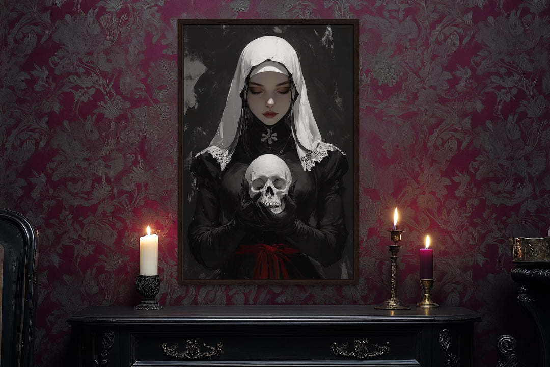 Gothic Nun With Skull Horror Canvas Wall Decor