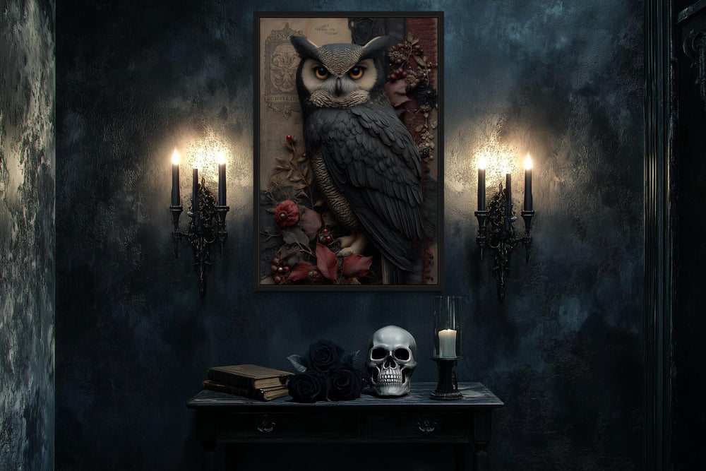Gothic Owl With Flowers Canvas Wall Art