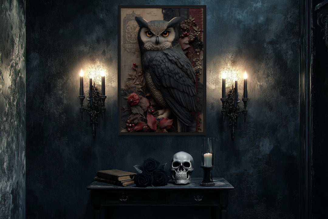 Gothic Owl With Flowers Canvas Wall Art