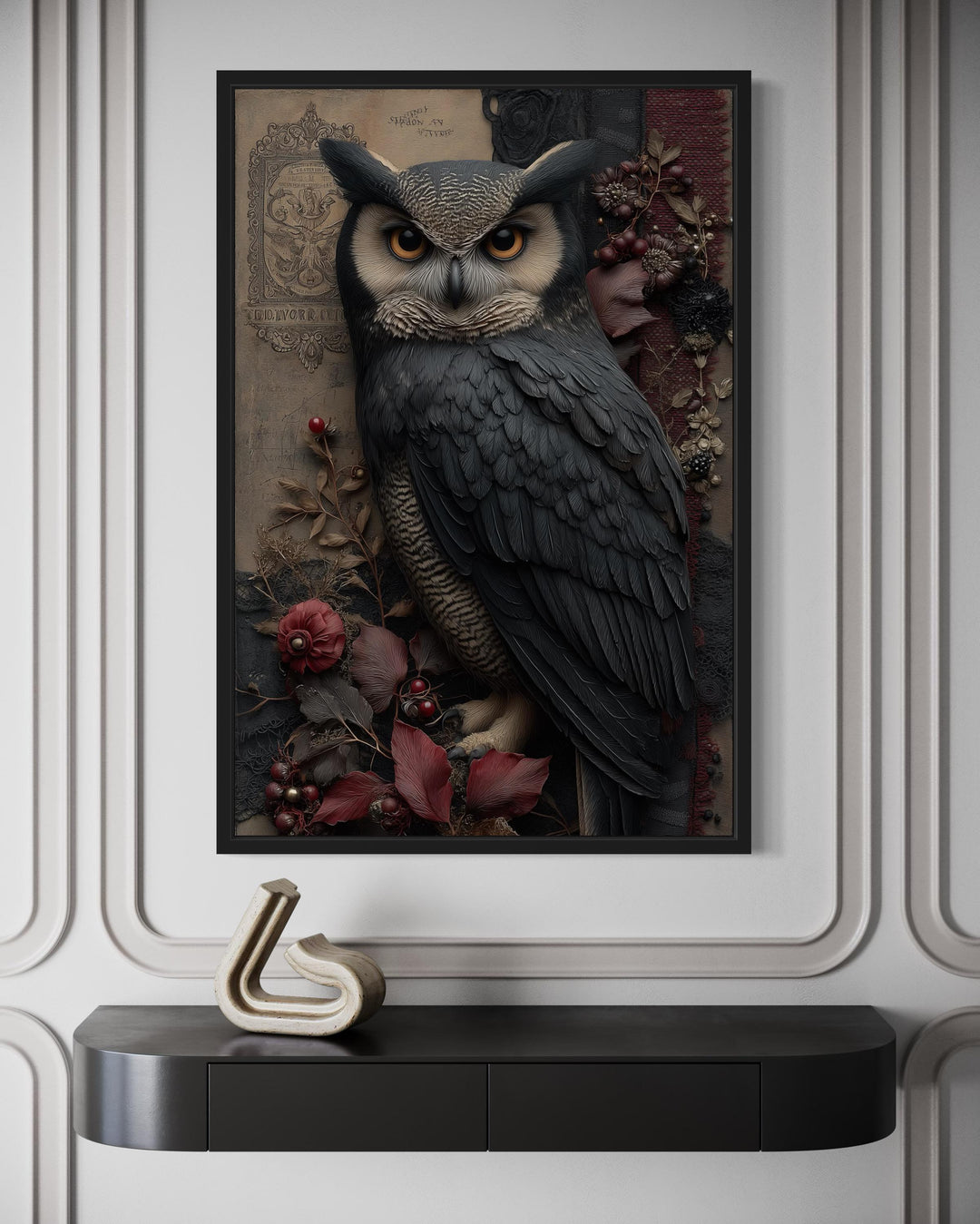 Gothic Owl With Flowers Canvas Wall Art