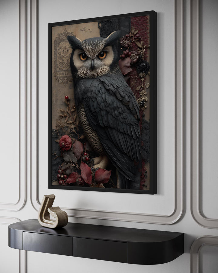 Gothic Owl With Flowers Canvas Wall Art