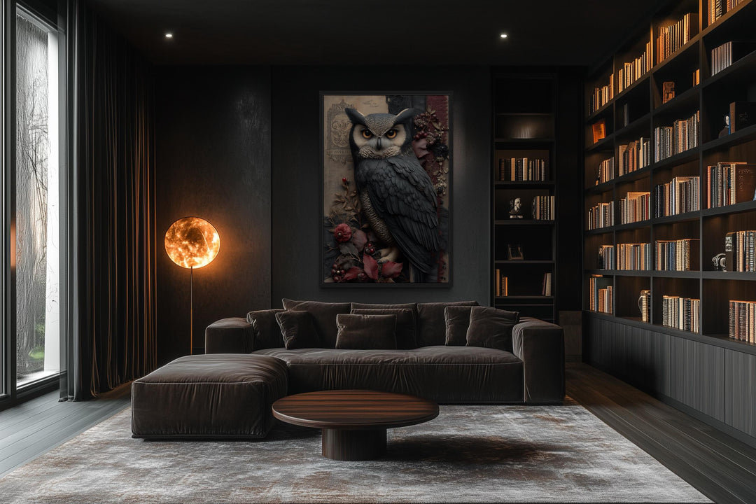 Gothic Owl With Flowers Canvas Wall Art