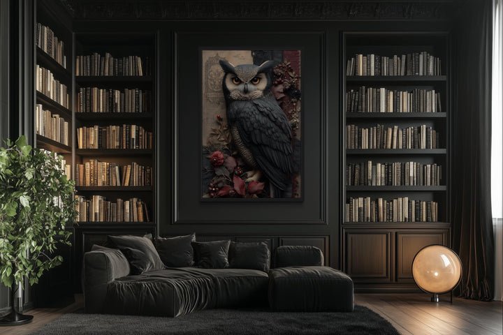 Gothic Owl With Flowers Canvas Wall Art