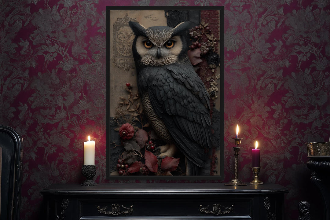Gothic Owl With Flowers Canvas Wall Art