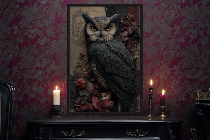 Gothic Owl With Flowers Canvas Wall Art