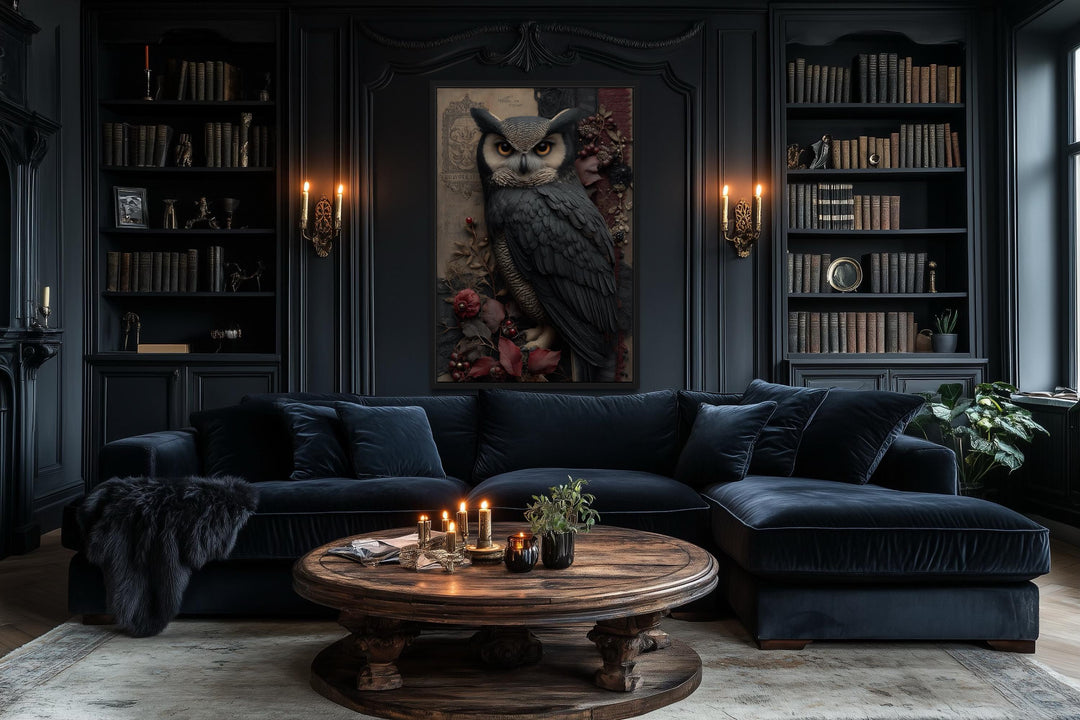 Gothic Owl With Flowers Canvas Wall Art