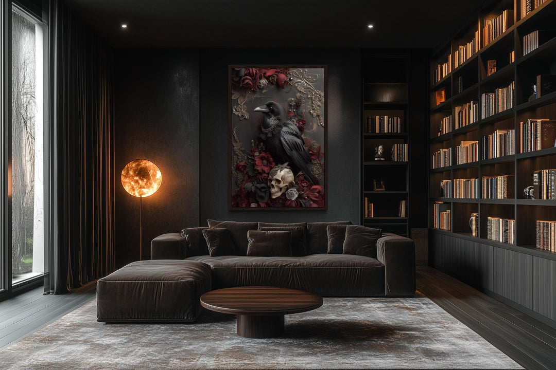 Gothic Raven With Skull And Red Flowers Canvas Wall Art