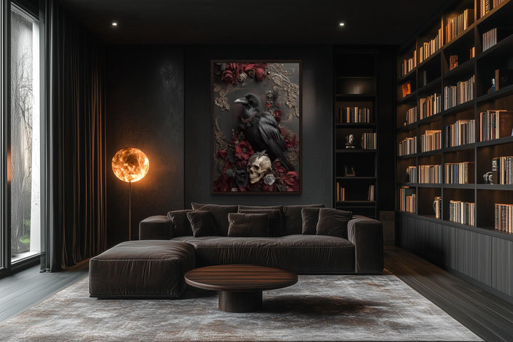 Gothic Raven With Skull And Red Flowers Canvas Wall Art