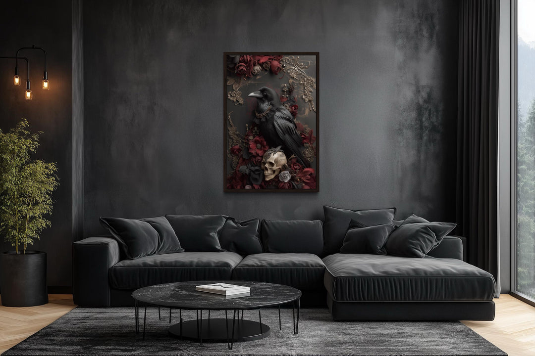 Gothic Raven With Skull And Red Flowers Canvas Wall Art