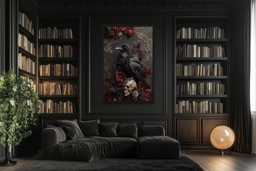 Gothic Raven With Skull And Red Flowers Canvas Wall Art