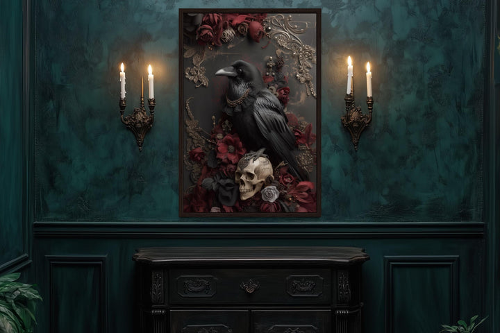 Gothic Raven With Skull And Red Flowers Canvas Wall Art