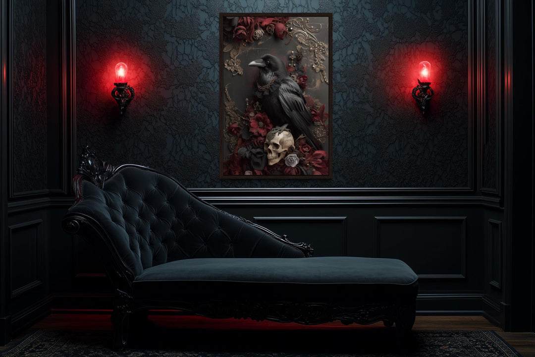Gothic Raven With Skull And Red Flowers Canvas Wall Art
