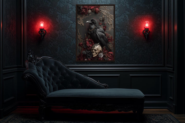 Gothic Raven With Skull And Red Flowers Canvas Wall Art